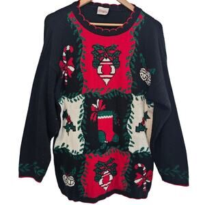 Vintage Christmas Sweater Women Size 1X Black Red Embroidered Ornaments Holiday